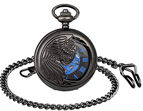 Unendlich U Mechanische Taschenuhr für Herren, mit Adlerflügeln, Zifferblatt mit römischen Zahlen, hohles Uhrwerk, Vintage-Taschenuhr, aus legiertem Edelstahl, Geschenk zu Weihnachten oder Geburtstag