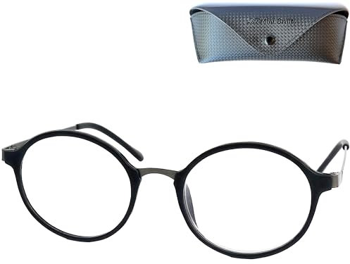 Runde Blaulichtfilter Brille für Damen & Herren – Gaming & Computerbrille ohne Sehstärke – Vintage Blaulichtschutz mit Metallbügeln & Kunststoffrahmen (Schwarz) + Etui