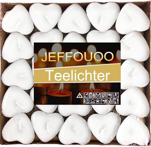 50 Herzförmige Teelichter - Romantische Liebe, Unparfümiert, Tropffrei & Rauchlos - Mini Teelicht-Kerzen für Stimmung, Romantische Deko, Pool, Hochzeit, Jubiläum (Weiß)