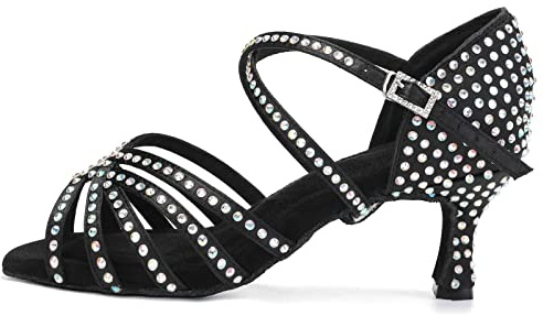 RUYBOZRY Zapatos de Baile Latino Mujer con Pedrería Salsa Zapatos de Baile de Salon,CT404-6.5-Negro,EU36