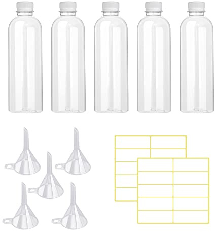 5 Stück 100 ml transparente Kunststoffflaschen, Make-up-Entferner, Feuchtigkeitsflasche, mit Schraubverschluss, reisefreundlich, mit 5 Trichtern und 20 Etiketten.