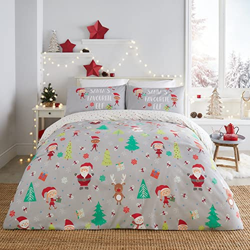 Fusion Santa’s Favourite Elf Helper Duvet Cover Set – Double Size (200x200cm) – Reversible Xmas Bedding with 2 Pillowcases – Polka Dot White & Elf Print – Soft Cotton Blend – Festive & Washable
