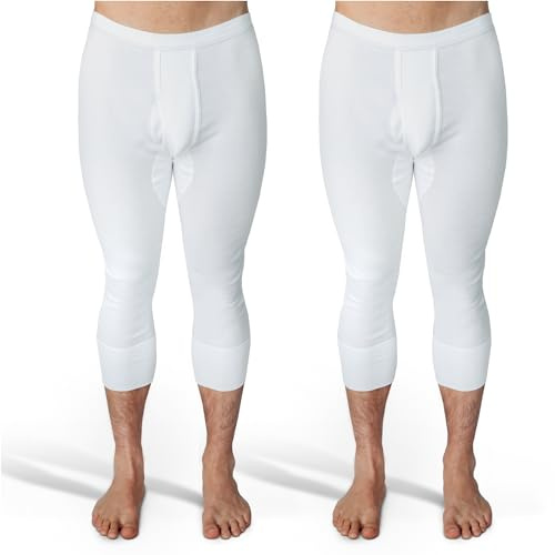 SES 3/4 långa kalsonger herr finribbad 2-pack S – 4XL – 100 % bomull med gylf och mjukt midjeband – bekväma kalsonger män, långa ben, vita, Vit, XL