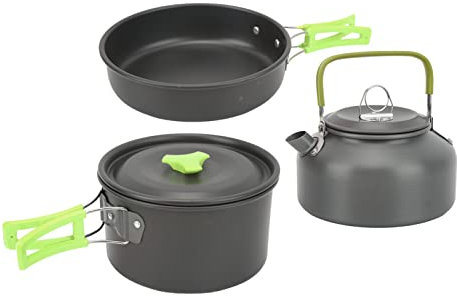 VGEBY Camping Cookware Set, Portable Camping Cooking Set for Backpacking Pot Pan Teapot Folding Fork Knife Spoon Kit (Green)