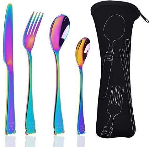 Rainbow Cutlery Set, Iridescent Knife Fork Spoon Set, Cutlery Set for 1, Sporks Stainless Steel, Utensil Set with Storage Bag, Mirror Polished, Dishwasher Safe