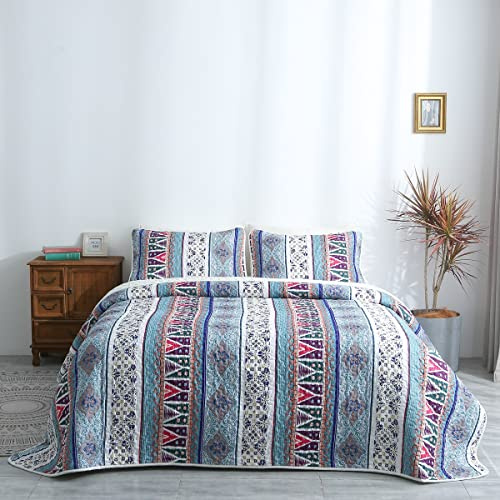 Bedapread gesteppte Tagesdecken für King-Size-Betten, Bohemian-Patchwork-Steppdecke, Bettüberwurf mit 2 Kissenbezügen, für alle Jahreszeiten, Blau