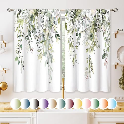 oolygoo Eucalyptus Botanical Leaves Floral Kitchen Window Curtains Over Sink Boho Farmhouse Flower Leaf Small Window Treatment Sage Green Cafe Short Curtains for Bathroom Tier Drapes 27.5x39 inch