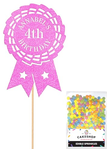 Personalised Horse Riding Rosette Award Glitter Cake Topper - Lt Pink Custom Age & Name Glitter Cake Decoration and Sprinkles - Happy Birthday Decorations - Personalised Toppers for Cakes by Cakeshop
