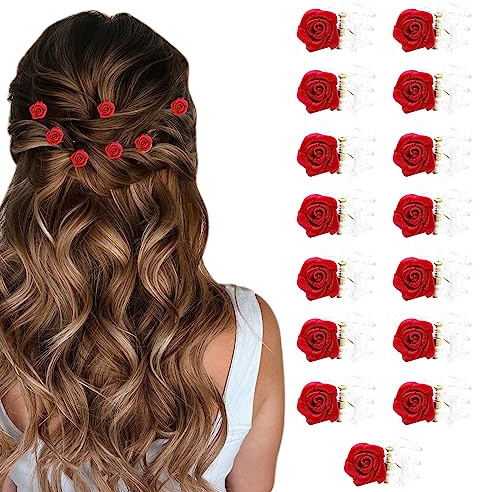 VEGCOO Haarspangen mit Rosenblüten, 15 Stück Beige Rosenblüten Elegante kleine Blumen Haarspangen für Hochzeit Haarschmuck für Frauen und Mädchen (Rot)