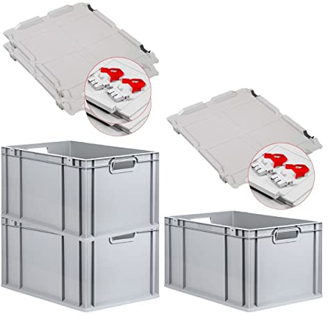 PROREGAL SuperSparSet 3x Eurobox NextGen Grip mit Scharnierdeckel und roten Schiebeschnappverschlüssen, HxBxT 32x40x60cm, 65 L, Grau, Griffe offen, Eurobehälter, Transportbox