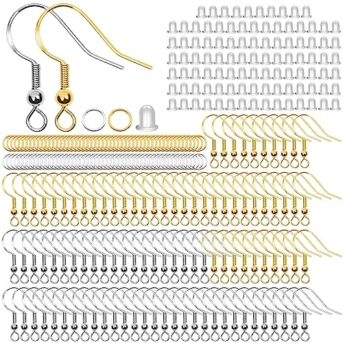 300 Stück Ohrring Haken, 925 Ohrringe Selber Machen Set（Silber, Gold） | Hypoallergene, Ohrringe Selber Machen mit Durchsichtigen Gummi Ohrstopper und Spule, Ohrhänger Ohrhaken Schmuckherstellung