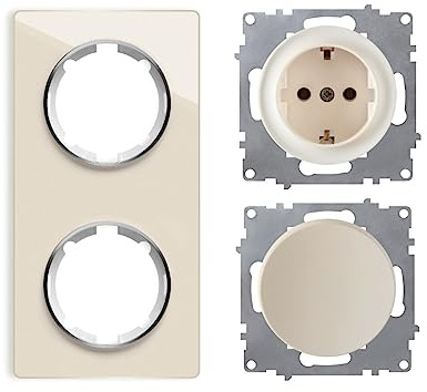 OneKeyElectro Set: Schuko-Steckdose und Ein-Aus-Lichtschalter, unterputz, matt-Antifingerprint, Schutzart IP20, 230V/16A, rund mit Glas-Abdeckrahmen 2fach, senkrecht, beige