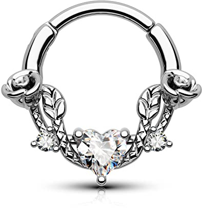 CM Crareesi Mania Septum Daith Piercing Silber Septum Clicker 16G Chirurgenstahl Scharnier Segmentringe 8mm/10mm Nasenpiercing Hoop Helix Knorpel Conch Tragus Piecing Ohr Schmuck mit Herz Zirkon