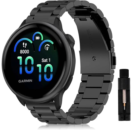 SumRioo Armband för Garmin Vivoactive 6/5/3/3 Music/Venu Sq 2/Approach S50/S44, 20 mm rostfritt stål metall klockarmband för Garmin Forerunner 55/165/165 Music/245/245 Music/570 42 mm, svart