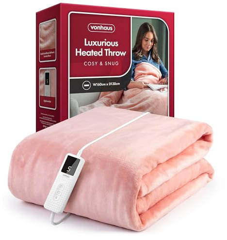VonHaus Heated Throw Blanket – w/Gift Box – Plain Pattern, Pink | Electric Thermal Soft Material Fleece Over Warmer – Large Size 160 x 130cm, 9 Heat Settings, 9 Hour Timer, Machine Washable