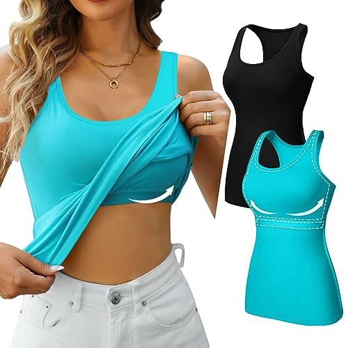 V FOR CITY Women Cotton Camisole Shelf Bra Tank Top 2 Pack | No Padding, Racerback, Scoop Neck, Slim Fit, Stretchy, Breathable, Yoga, Vacation, Party, Daily Cami Shirt