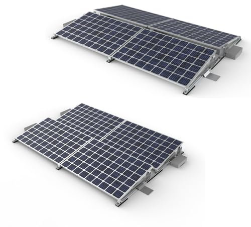 Komplette Montageset für 4 Solar Module geeignet für Flachdach, Garagedach und ebener Boden bis zu 5° Dachneigung, Aufstellungwinkel 10°, Süden oder Ost-West Ausrichtung