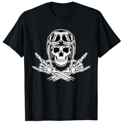 Skelett Motorradhelm Pommesgabel Hand Zeichen Heavy Metal T-Shirt