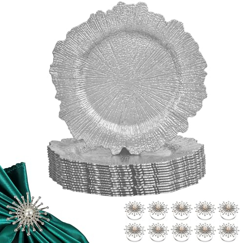 Trimming Shop 13 Inch Vintage Design Silver Glass Charger Plates with Pearl Diamante Napkin Rings – Perfect for Weddings, Dinner Parties, Events, Table Decorations – Pack of 12 Plates & Napkin Rings