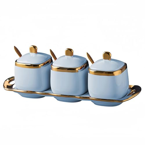 Dowbom Lot de 3 sucriers avec couvercle et cuillère, pot à sucre, pot à épices, pot à sel et assaisonnement (bleu, 236,8 g)