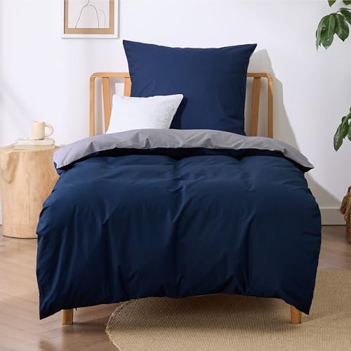 BEDSURE Bettwäsche 135x200 Baumwolle 2tlg. - Blau Grau Set 1x 80x80 Kissen | 100% Baumwolle Bettwäsche-Sets mit Reißverschluss, OEKO-TEX Zert, Weich, Sicher, Atmungsaktiv, Hautfreundlicher Komfort