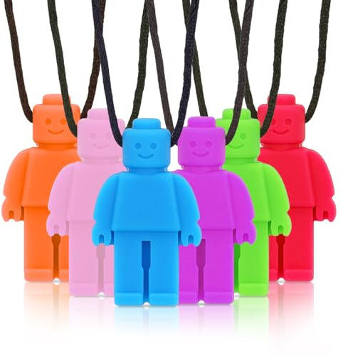ORUZA 6 Stück Roboter Männer Kauen Halskette, Silikon Sensory Kauen Halskette für Zahnen, ADHS, Autismus, Biting Needs, Oral Motor Chewy Beißring für Autistische Kinder Baby Jungen Mädchen