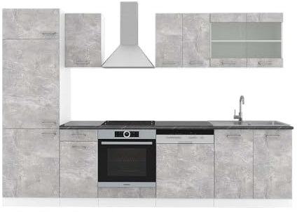 Vicco Küchenzeile R-Line, Küchenblock, Beton/Weiß, 300 cm, AP Anthrazit