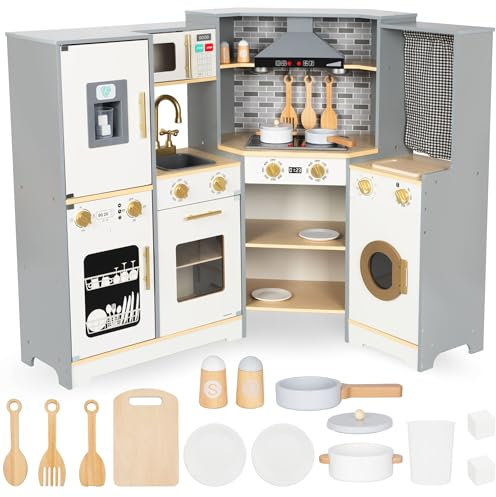 Mamabrum XXXL Holzküche mit LED-Beleuchtung, Spielküche & Eiswürfelspender - Kinderküche Zubehör Set mit Mikrowelle, Töpfen & Besteck - Küchen Spielzeug für Kinder 3+