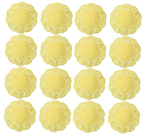 FUNOMOCYA Papieruntersetzer Für Gläser 300 Stk Spitzenkuchendeckchen Runde Tortenunterlage Spitzendeckchen Aus Papier Cupcake-kapazitäten Golddekor Kuchen Papierauflage Golden