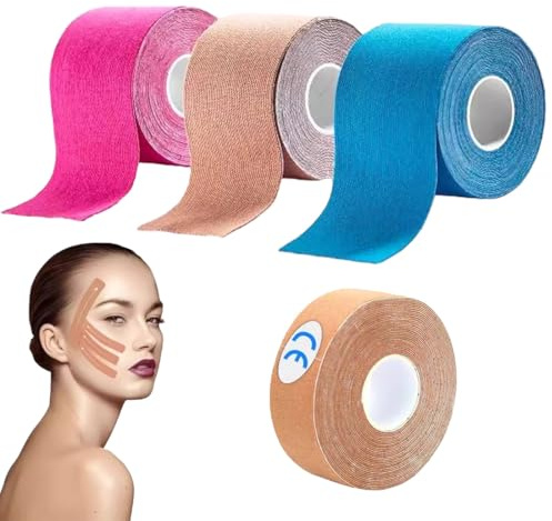 3 Stück Anti Falten Pflaster, 2,5 cm*5 m Lifting Tapes Gesicht, Anti Falten Gesichtstape für Glatte Augen, Multifunktional Face Tape für Schlupflider Stripes face tape zornesfalte pflaster