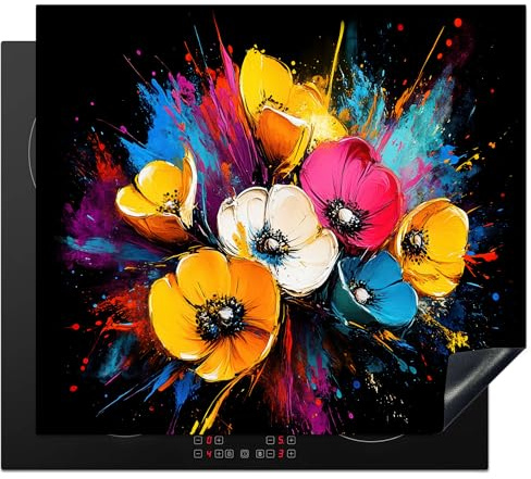 KitchenYeah© Protege Couvre Plaque De Cuisson Décoration Cuisine Tapis | 60x52 cm - Protection Protecteur Induction Fleurs - Coloré - Graffiti - Modern - Bouquet