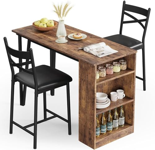 Bartisch Set 3-Teilig, Esstisch Klappbar mit 2 Barhockern und 3 Seitenregalen, Bartisch mit Barhocker Set Esstisch Set Küchentisch Sitzgruppe Industriell für Esszimmer, Küche, Wohnzimmer, Vintage