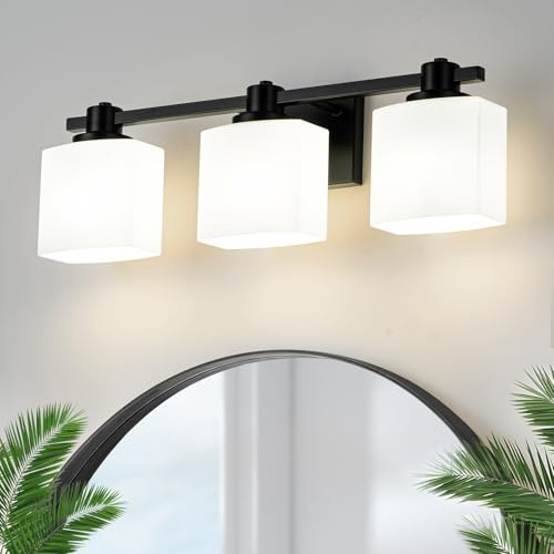 24 Inch Black Bathroom Light Fixtures over Mirror 3 Light Matte Black Vanity Light Milk Glass Makeup Shower Lamp Small Farmhouse Wall Sconce Modern Desk Vintage Rustic Bath above Sink Lighting