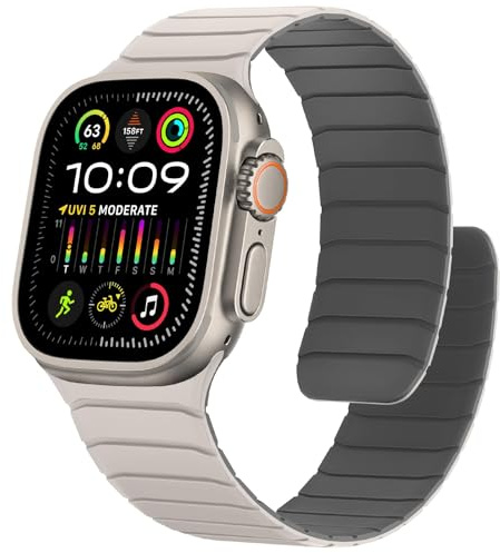 Sixmoat Bracelet Magnétique en Silicone Souple Compatible avec Apple Watch 49mm 46mm 45mm 44mm 42mm, Bande Sport conception pour Ultra 3 2 1 SE Series 11 10 9 8 7 6 5 4 3, Étoile-Gris