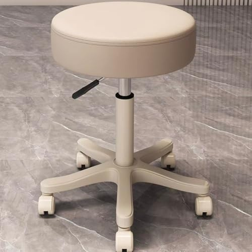 Hocker Höhenverstellbar 43cm-52cm,Rollhocker Mit Fußstützezur Entspannung des Körpers,kompakt,bequem Und Leicht PU Leder Hocker Mit Rollen,drehhocker,arbeitshocker,friseurhocker,bürohocker(Beige)