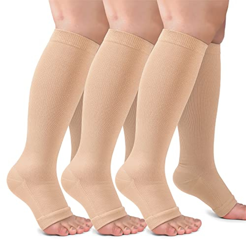 ACTINPUT Kompressionsstrümpfe Damen und Herren,15-20mmHg Thrombosestrümpfe Offene Spitze kompressionsstrümpfe Klasse 2 Stützstrumpfhose Reisestrümpfe Laufsocken Herren 43-46(Hautfarbe,L-XL)