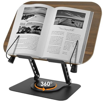 Buchständer Holz Verstellbarer mit 360° Drehbarer Sockel, Faltbar Buchhalter Leseständer mit Elastischem Seitenclip, Leseständer Buch für Kochbücher Bücher Tablets Laptops