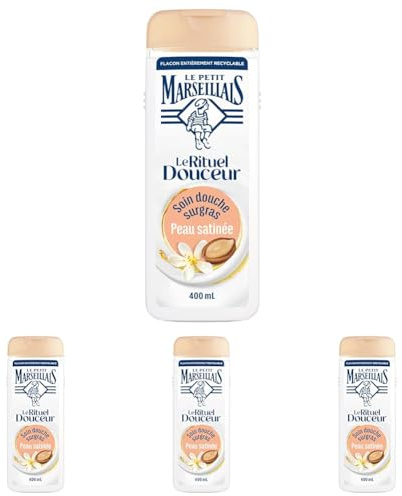 Le Petit Marseillais - Soin Douche Surgras Huile d'Argan & Fleur d'Oranger - Le Rituel Douceur (flacon de 400ml) - Crème de Douche nutrition intense (Lot de 4)