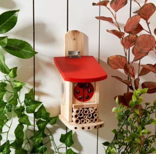 Decorative Wooden Insect House with Red Roof, Garden Pollinator Hotel, Ladybird Design