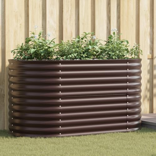 QJBSAVVA Letto da Giardino Rialzato in Acciaio Zincato, Fioriera da Esterno Grande Ovale 160x80x81 cm Marrone con Drenaggio per Orto Balcone e Piante