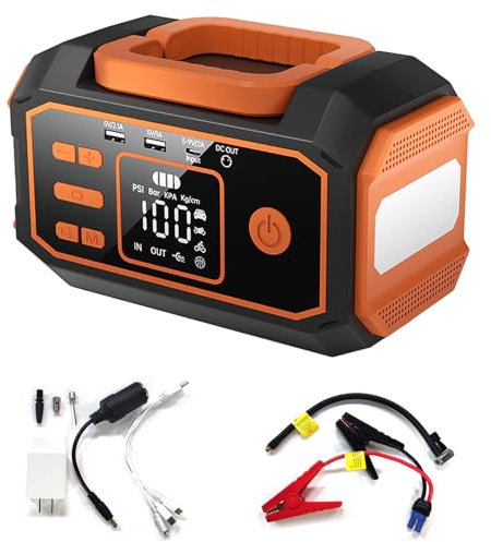 KIMISS Démarreur de Saut de Voiture et Pneu du Compresseur D'Air, 10000mAh Pompe à Air sans Fil Portable avec Lumière LED D'urgence, Charge Rapide PD, Garde de Surcharge pour Berlines,