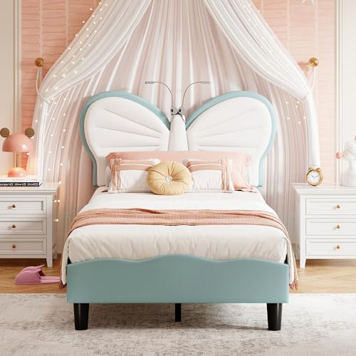 DAHUEN Kinderbett 90x200, Polsterbett für Mädchen mit Höhenverstellbarem Kopfteil und Lattenrost, Einzelbetten Mädchenbett Prinzessinnenbett Jugendbett Bettgestell, PU (Blau, 90 * 200cm)