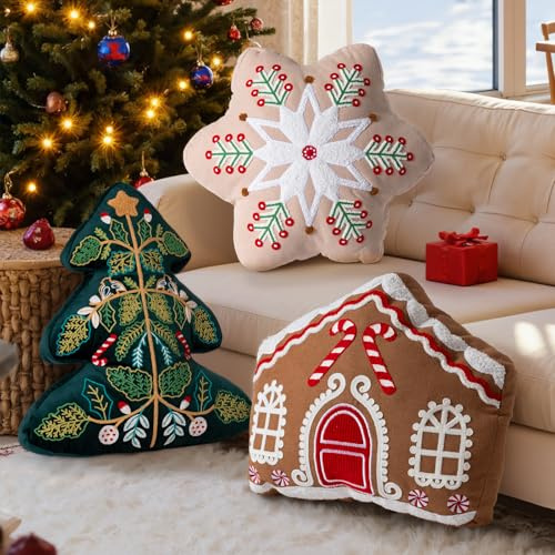 Lanpn Juego de 3 Piezas Cojines de Navidad, Cojín de Invierno Almohada Decorativo Navideño - Árbol de Navidad, Copo de Nieve, Casa de Jengibre para Regalo Party Sofá Cama Decoración Navideña