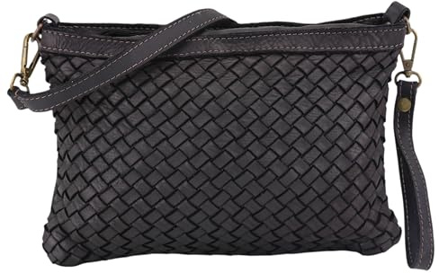 SH Leder Vintage Geflochtene Umhängetasche, Echtleder Clutch, Handtasche mit Reißverschluss, Mittelgroß, 28x20cm Selina G752
