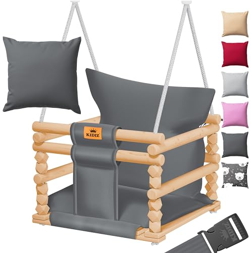KIDIZ® Babyschaukel Kinderschaukel für Babys ab 6 Monaten und Kleinkinder bis 3+ Jahre | Holzschaukel Schaukelsitz höhenverstellbar & mit Polsterung | Schaukel für drinnen und draußen, Anthrazit