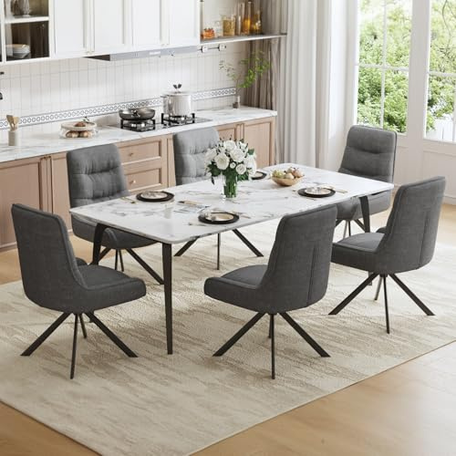Ckaff Drehstuhl Esszimmer, 6er Set 360° Drehbar Esszimmerstuhl, Küchenstuhl, Polsterstuhl aus Chenille, Schminkstuhl mit Hoher Rückenlehne und Metallbeine für Esszimmer Küche Büro, Dunkelgrau