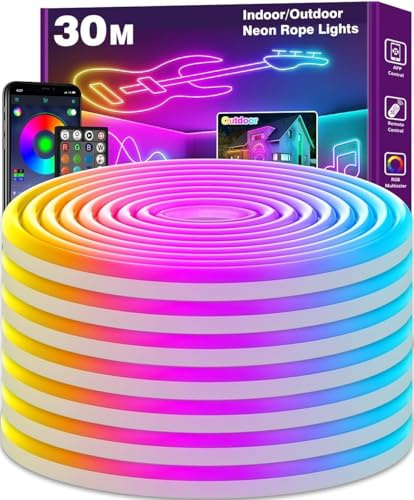 LETIANPAI 30m Neon Rope Lights, Multiple Modes,Flexible LED Cord Lights Controlled with App/Remote, IP65 Outdoor RGBWaterproof, Music Sync Led Neon Light Strip for Bedroom Decoration