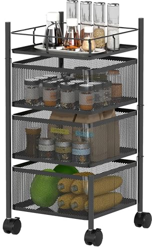 HOMCOM Carrello Cucina a 4 Ripiani, Carrellino Cucina Salvaspazio con Cestini Girevoli in Metallo, Piano Superiore e Ruote, Carrello Portafrutta e Verdure, per Soggiorno Salotto, Nero