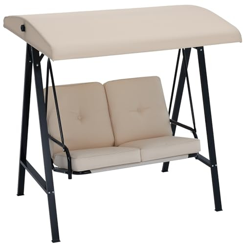 YODOLLA 2-Sitzer Gartenschaukelstuhl mit verstellbarem Baldachin & Kissen – Outdoor-Schaukelbank für Terrasse/Hinterhof, Beige