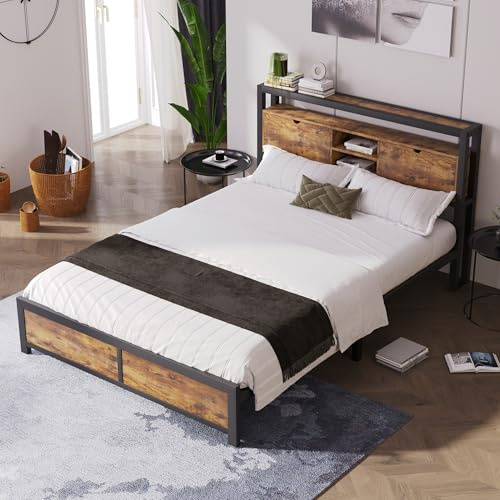 Goldicoo Metallbett 140x200 cm mit Stauraum-Kopfteil und Lattenrost, Jugendbett Doppelbett aus Metall und Holz, Natural, 145x216x100 cm